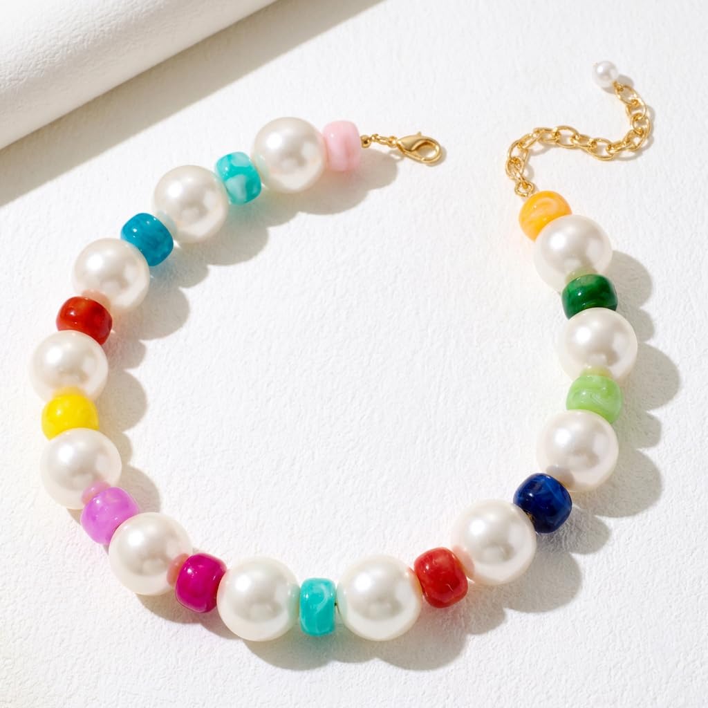 FAUTHENTICUTE Large Pearl Beaded Necklace Chunky Pearl Choker with Vibrant Colorful Spacer Beads Boho Collar Statement Jewelry Trendy Gift for Women
