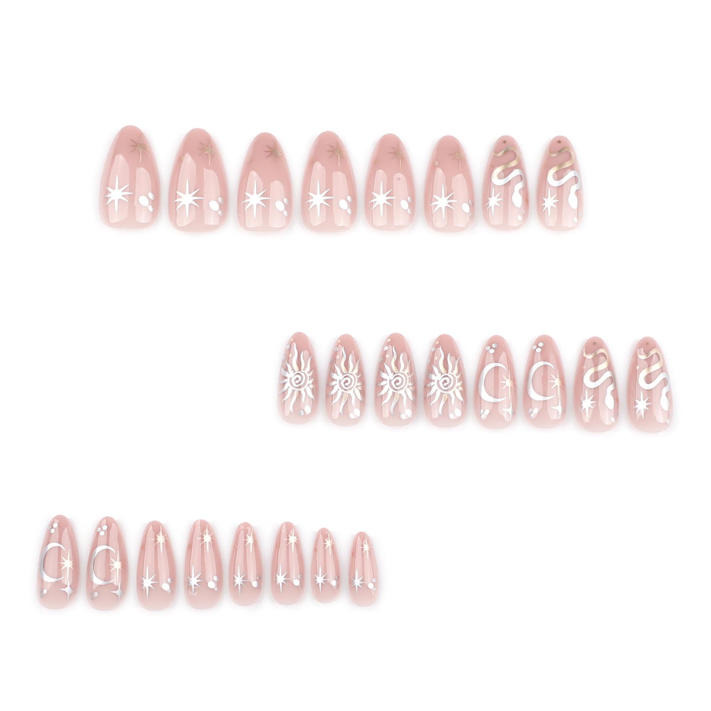 MERVF Almond Press on Nails Medium Fake Nails Nude Glue ons Star Sun Moon Snake Print Acrylic Stiletto False Nail Bohemian Design for Women Glossy 24pcs