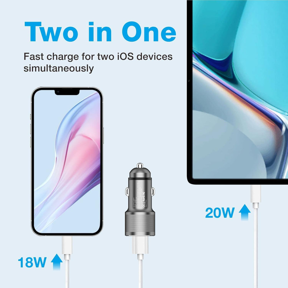 MOCA 38W Fast Car Charger, Dual Port USB C Power Delivery All Metal Lighter PD/ QC3.0 Car Charger with 2 Pack PD Lightning Cord Quick Charging for iPhone 16 15, Samsung Galaxy S25 S24, Pixel, Android
