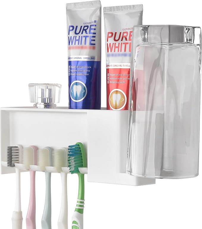 5 Slots Wall Mount Toothbrush Holder with Storage Box, Self Adhesive Toothbrush Storage Organizer for Shower, Toothpaste & Toothbrush Hanger for Bathroom, Medicine Cabinet, Dorm (White)