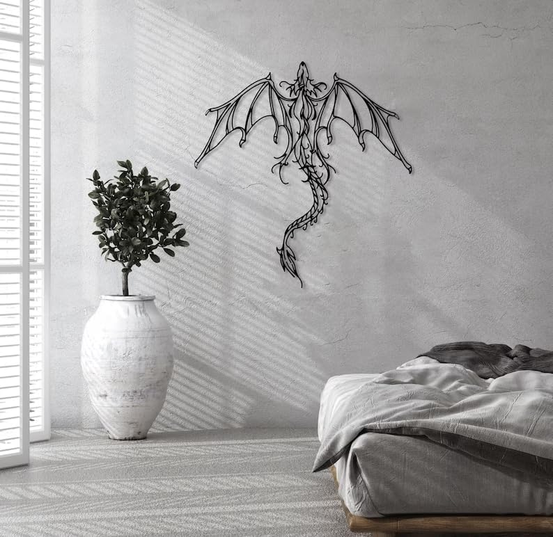 Dragon Metal Wall Art | Legendary Fantastic Dragon Wall Decor | Mythologic Wall Hanging | Man Cave Decorative | Mythic Wyvern Sculpture for Living Room Bedroom Game Room (Black - 29.1'' x 27.9'' / 74