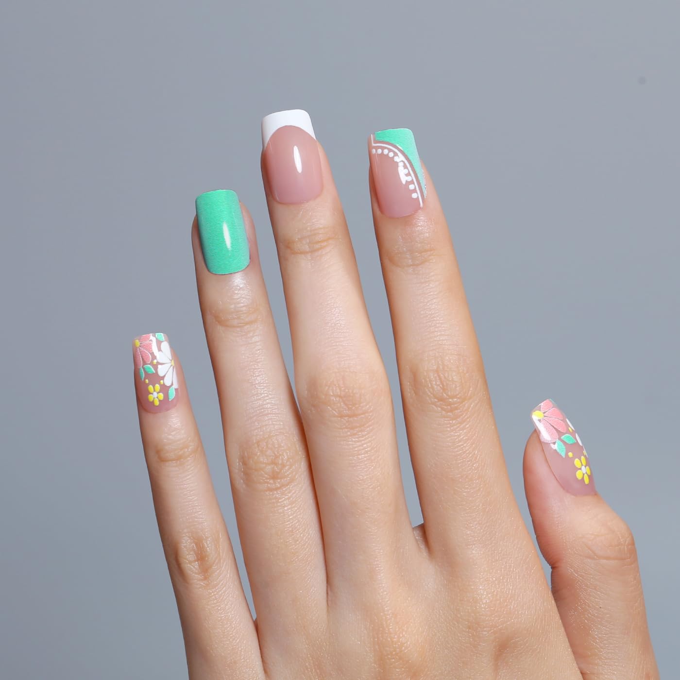 Goolich Green Blooming Flower Press On Nails Medium Square, Nails Press ons with Adhesive Tabs, 24 Pcs 12 Size Reusable Full Cover Glue on Nails for Women
