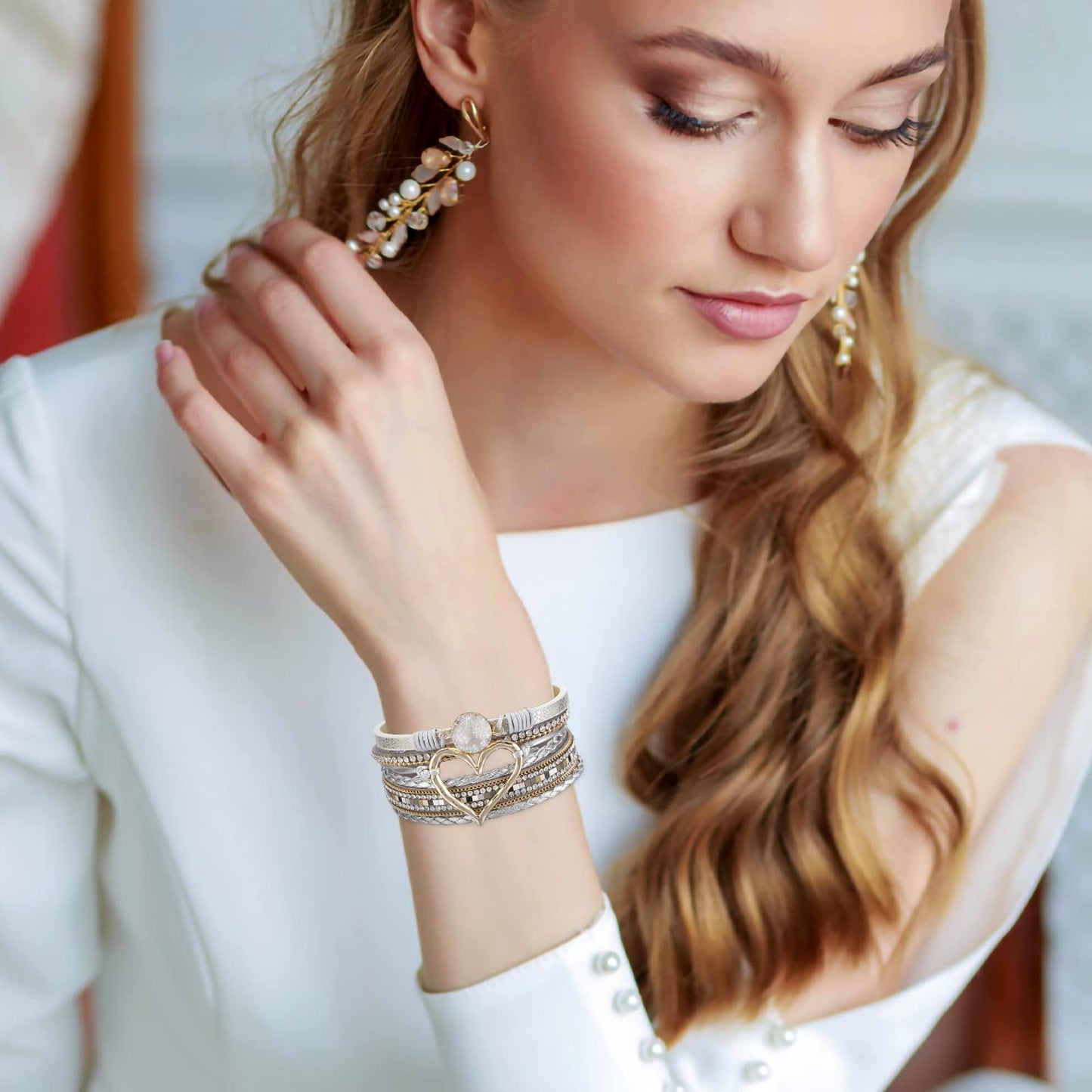 Leopard Bracelet for Women, Boho Leather Wrap Multi-Layer Pearl Crystal Bracelet Bangle Jewelry (Heart Leather2)