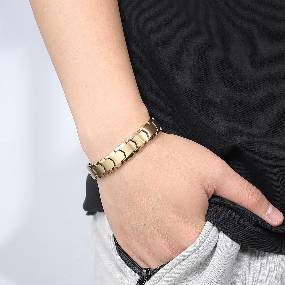Apocalyptic-K Men's Titanium Magnetic Bracelets，Ultra Strength Magnetic Bracelets，Pure Titanium (Lightness),Gold,Eliminate Static Electricity (Gold)