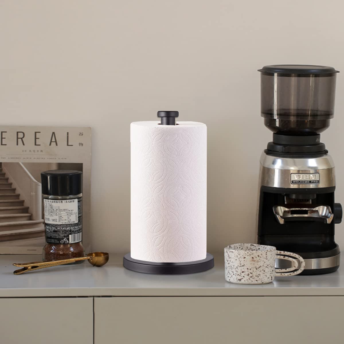GWGTHZ Black Standing Paper Towel Holder for Kitchen& Bathroom Countertop,Under Counter, Table Or BBQ, Standard or Jumbo-Sized Roll Paper (with Stainless Steel Base)