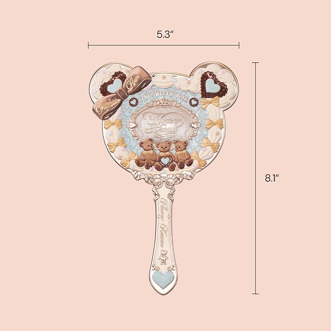 Flower Knows The Sweetie Bear Hand Mirror,Vintage Portable Handheld Mirror,Fancy & Pretty Princess Mirror with Long Handle,Gift for Girls(Minty Blue)