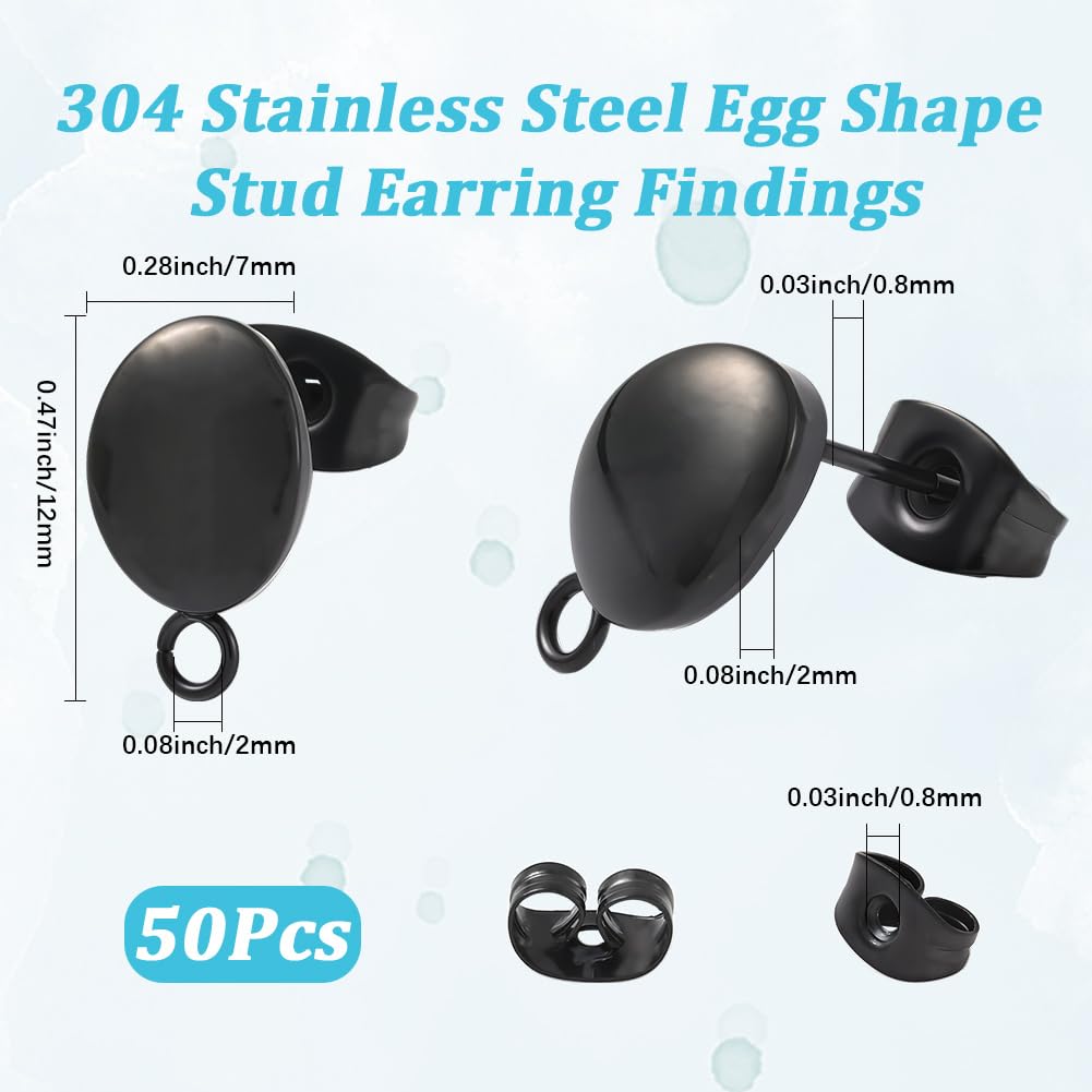 Beebeecraft 1 Box 50Pcs Flat Round Ear Studs 304 Stainless Steel Black Stud Earring Findings for Women Earring Making Supplies