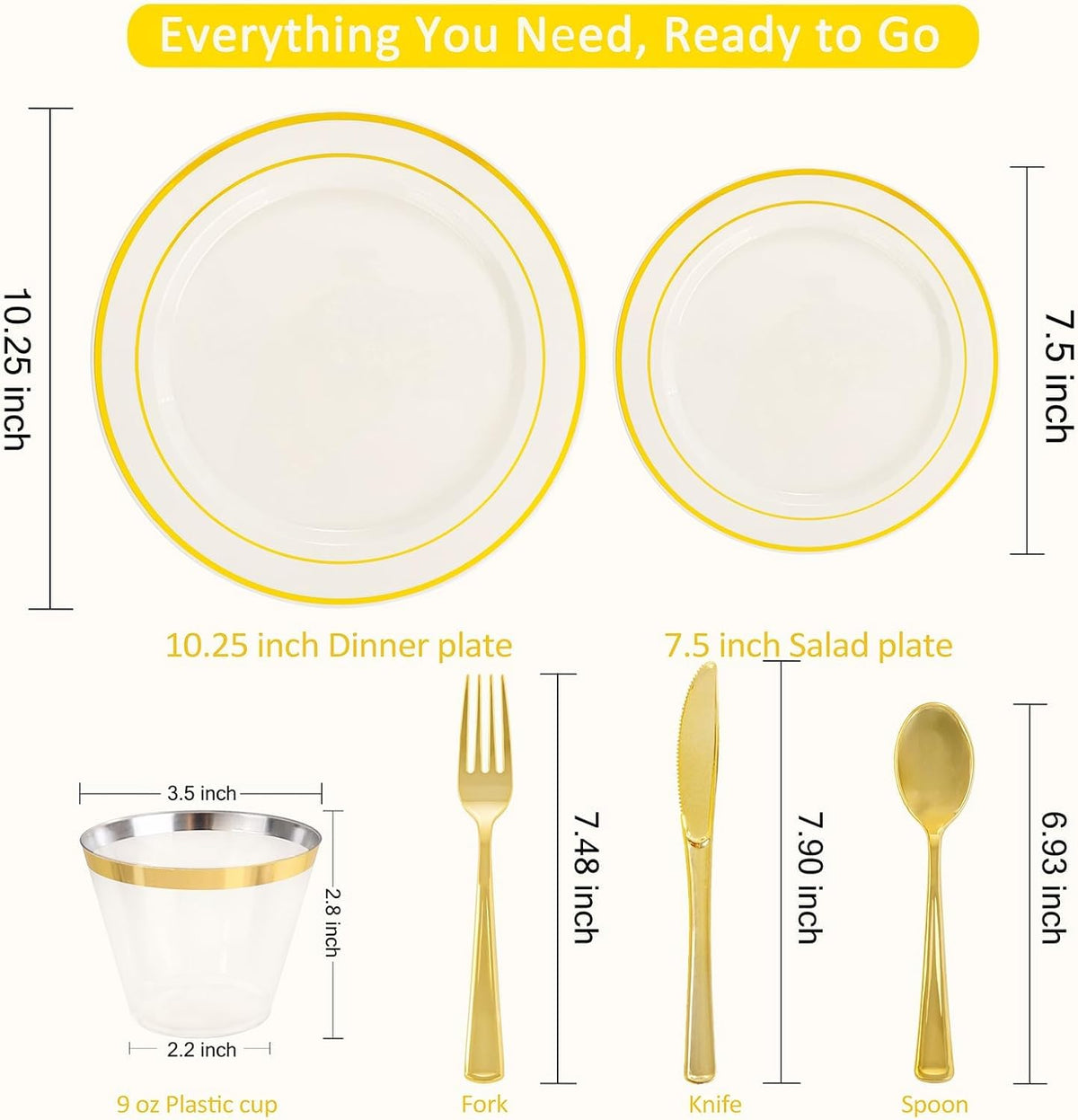 WELLIFE 210PCS Ivory Plastic Plates for 30 Guests - Include 30 Dinner Plates, 30 Dessert Plates, 30 Clear Cups and 30 Pre Rolled Napkins with Gold Silverware,Disposable Plates for Party and Wedding