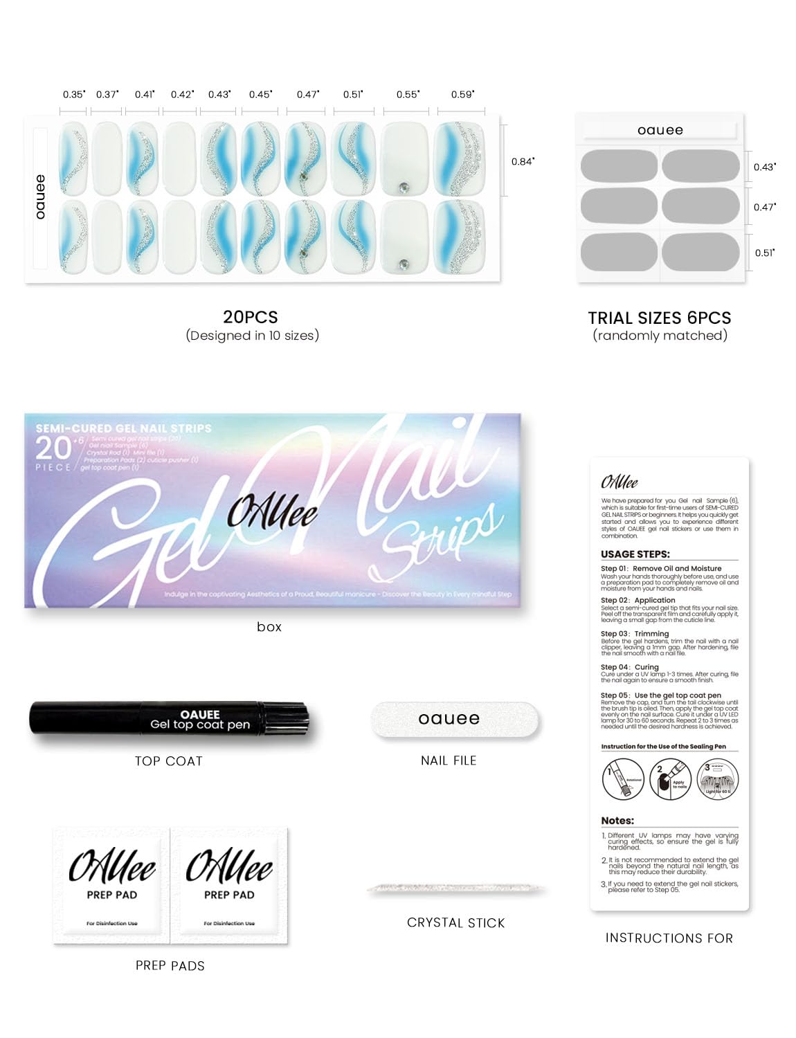 Oauee Semi Cured Gel Nail Strips | Built-In Gel Top Coat | UV Light Required | Salon Quality, Easy Application And Removal (Ocean Breeze)