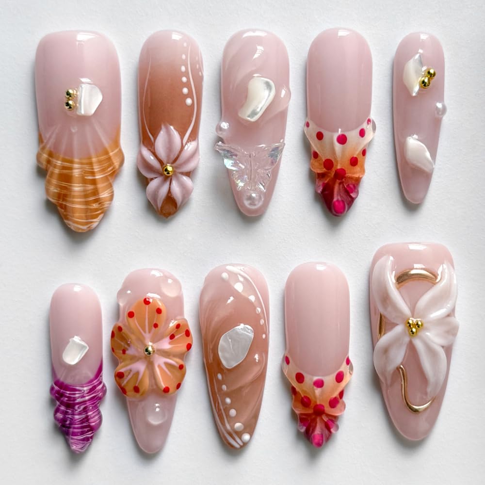 MAGLFELL Nails Press on Nails - Handmade Long Almond Fake Nails, Unique 3D Glossy French Design False Nails for Women, 10 Pcs Acrylic Handmade Fingernails (Size S)
