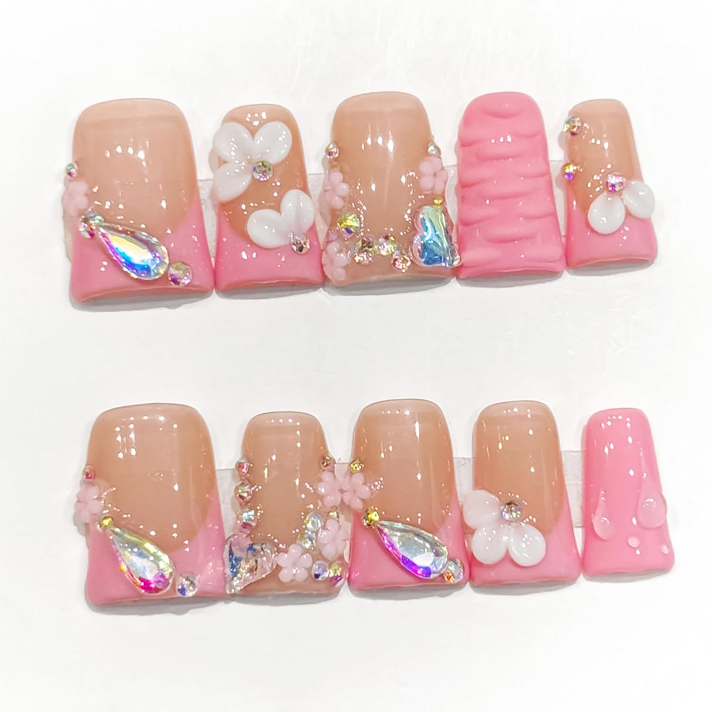 10 Pcs Press on Nails Handmade Duck Glue on Nails Pink French Tip with 3d Sparkling Diamond Design Handmade Acrylic Nails Elegant for Women for Spring Summer (S)