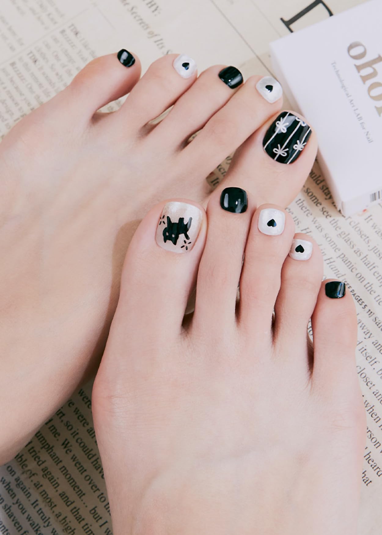 ohora Semi Cured Gel Pedi Strips (P Jumping Cat) - Black, Works with Any UV/LED Lamps, Salon-Quality, Long Lasting, Easy to Apply & Remove - Includes 2 Prep Pads, Nail File & Wooden Stick