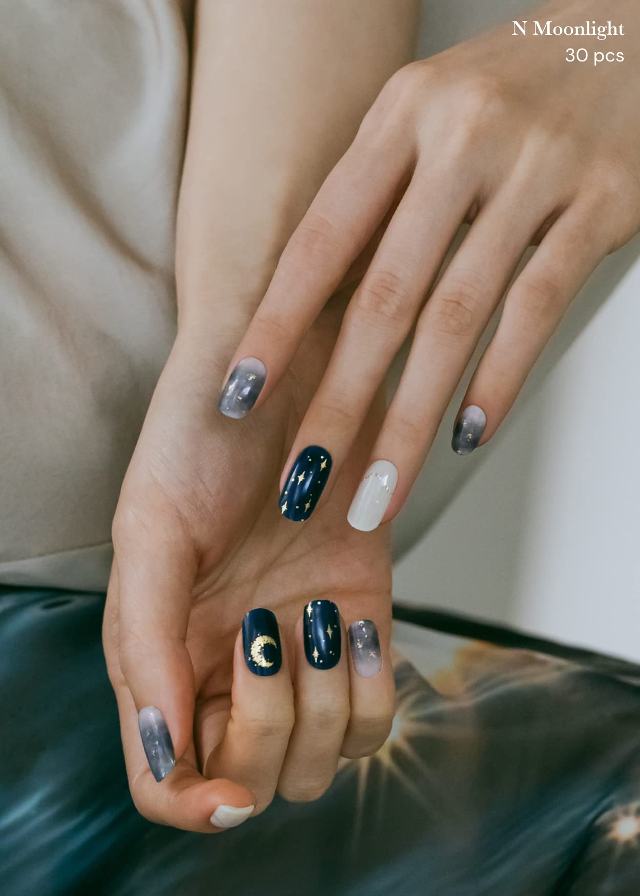 ohora Semi Cured Gel Nail Strips (N Moonlight) - Dark, Patterned, Works with Any UV/LED Lamps, Salon-Quality, Long Lasting, Easy to Apply & Remove - Includes 2 Prep Pads, Nail File & Wooden Stick