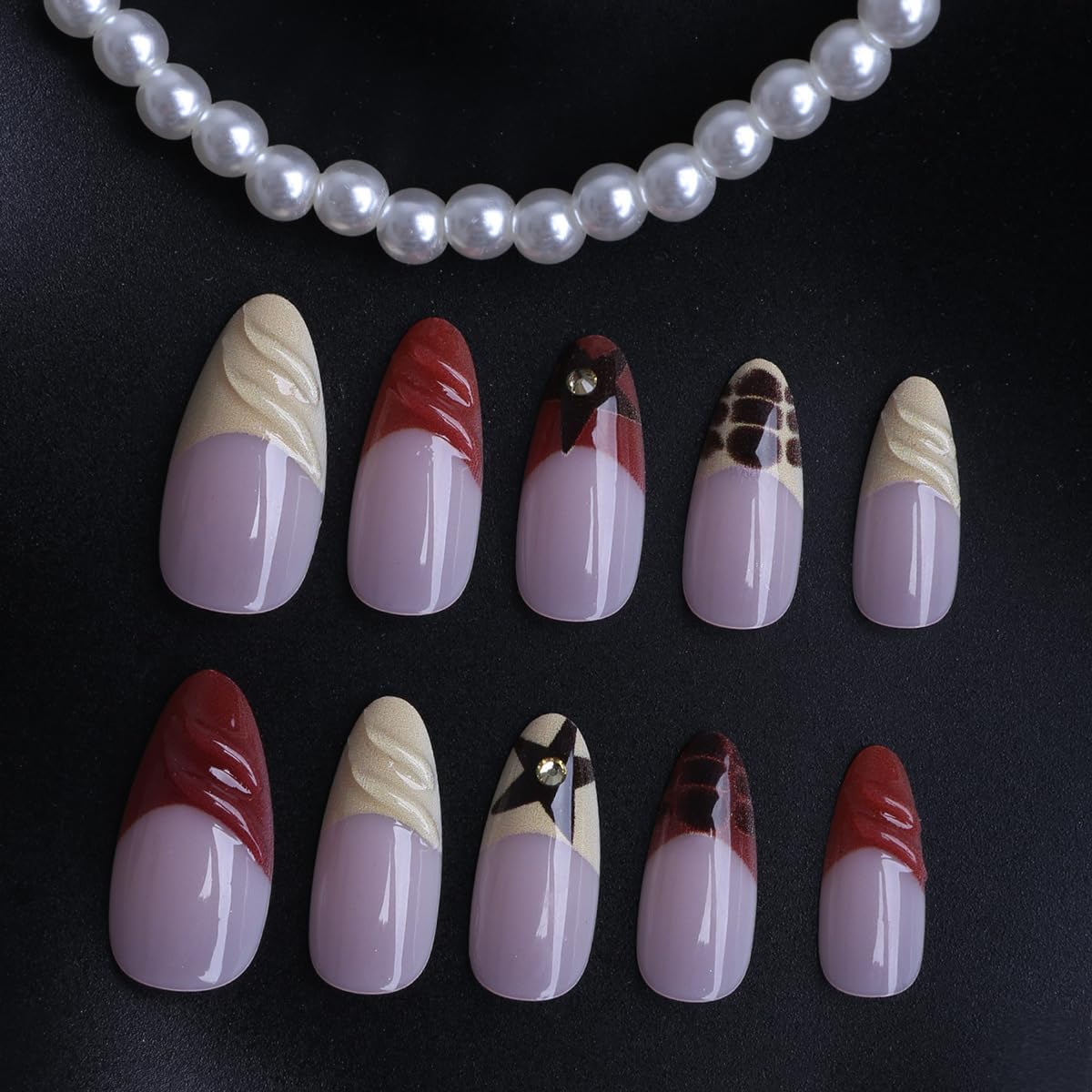 plalely Almond Press on Nails Short Brown Fake NailClassic Style Acrylic Nail Press ons Cowboy Stick on Nails for Women 24pcs