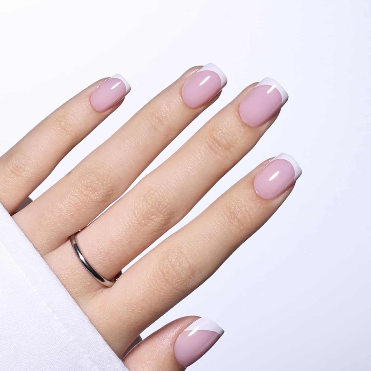 French Tip Press On Nails - Pink and White French Tip Press On Nails Short Square, Reusable Glossy Fake Nails Kit with Glue, 30 Pieces in 15 Sizes