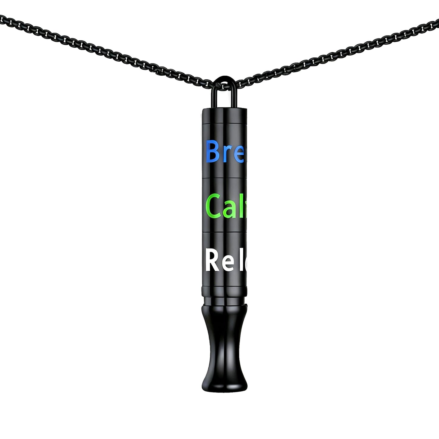 Fidget Necklace with Spinning Calm, Breathe, Relax Charms - Sensory Anxiety Relief & Deep Breathing Aid Stainless Steel Necklaces for Women Men (Black)