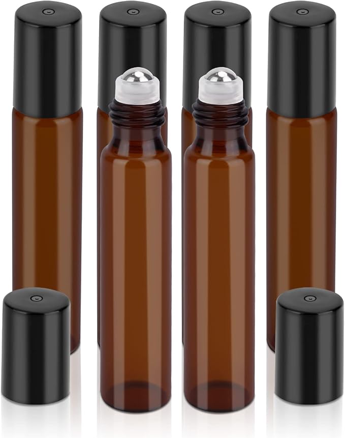 sungwoo 6 Pack Essential Oil Roller Bottles, 10ml Amber Glass Roller Bottles with Stainless Steel Roller Balls and Caps for Travel, Perfume and Lip Gloss
