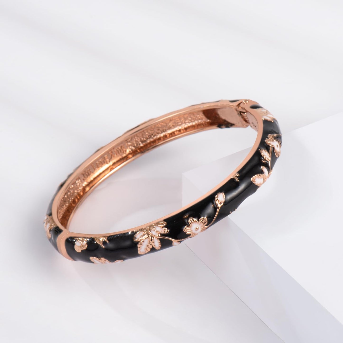 UJOY Womens Multi-Colors Cloisonne Bracelet Gold Plated Flower Hollowed Enameled Hinged Cuff Bangles Jewelry Gift 88C06-3PCS Black
