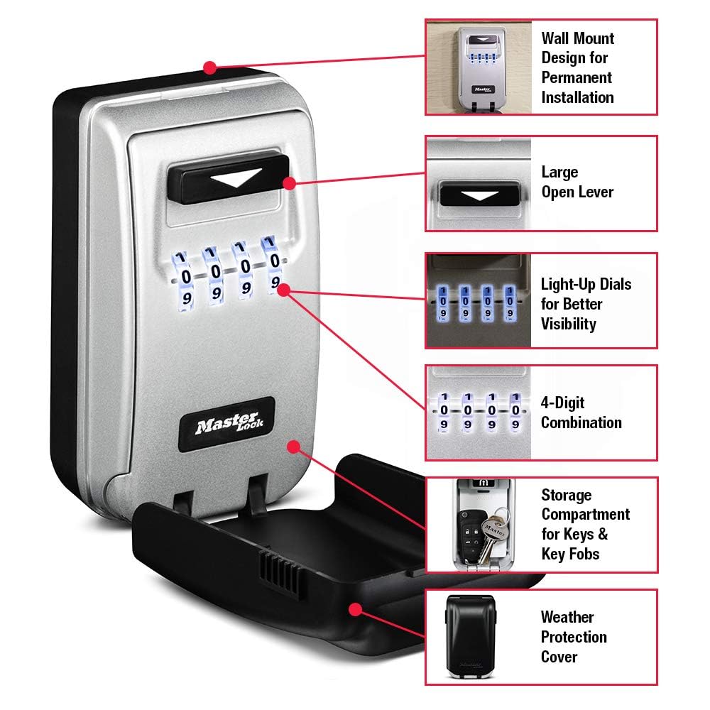 Master Lock 5425D Set Your Own Combination Wall Mount Lock Box with Light Up Dials, 6 Key Capacity, Black