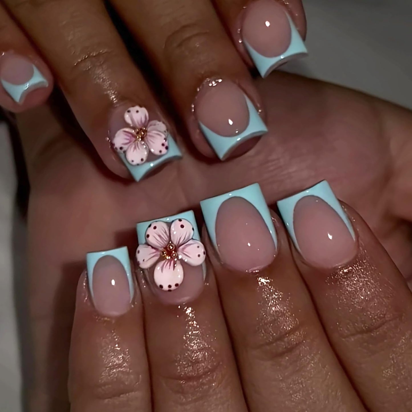 HOSAILY 3D Flower Press ons Nails Extra Short Square, Blue French Floral Spring Summer Daily Semi-Handmade Full Cover Stick on Nails for Women, 24Pcs Glossy Reusable Fake False Nails with Glue