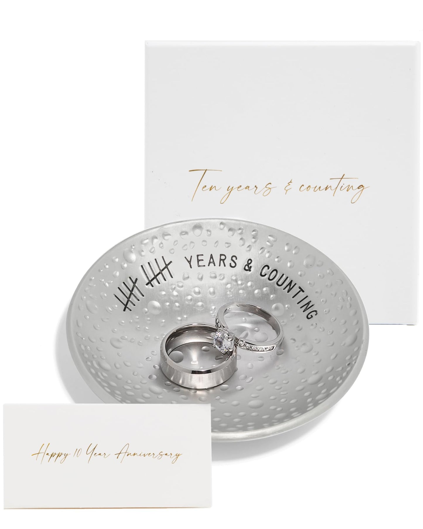 PureRejuva 10th Anniversary Tin Gifts – 4 In., Engraved, Aluminum Wedding Ring Holder Dish & Gift Box – 10 Year Wedding Gift for Him & 10 Year Anniversary for Her Textured Style