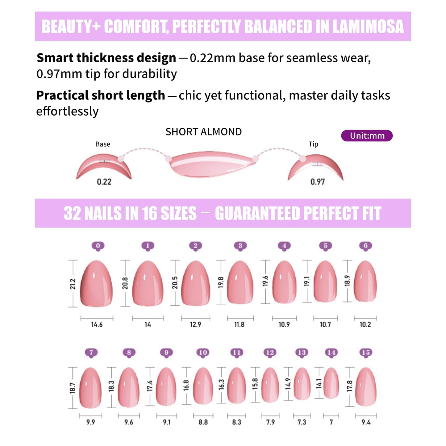 LAMIMOSA 32Pcs Press On Nails Short Almond - Soft Gel Fake Nails in 16 Sizes, Reusable Glue on Nails Kit, DOT DOT DOT