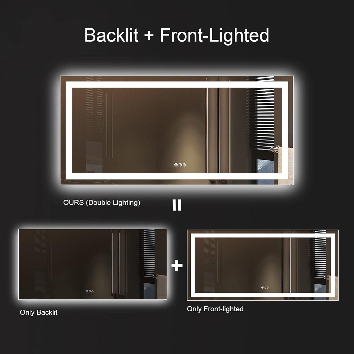 Amorho LED Bathroom Mirror 60'' X36'' with Front and Backlight, Large Dimmable Wall Mirrors with Anti-Fog, Shatter-Proof, Memory, 3 Colors, Double LED Vanity Mirror