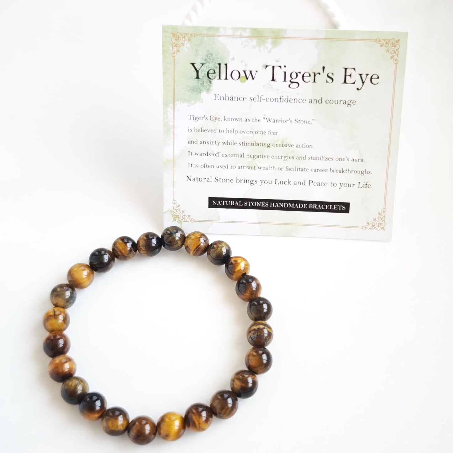 Handmade Natural Gemstone Elastic Bracelet - Healing Crystal Beads Jewelry, Unisex (Yellow Tiger's Eye, 8mm)