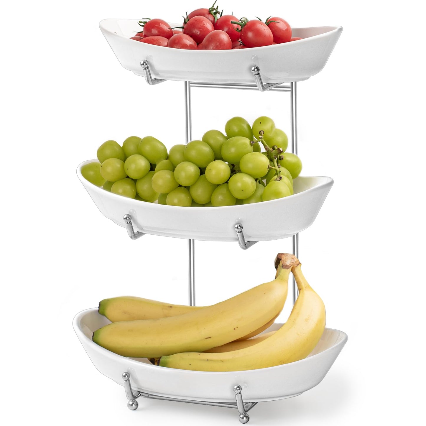 LUFILUFI 3 Tier Fruit Bowl Basket for Kitchen Counter - Ceramic Serving Bowls with Metal Stand, Stackable Tiered Fruit Basket for Fruit Vegetable Snack Storage, Countertop Organizer, Housewarming Gift
