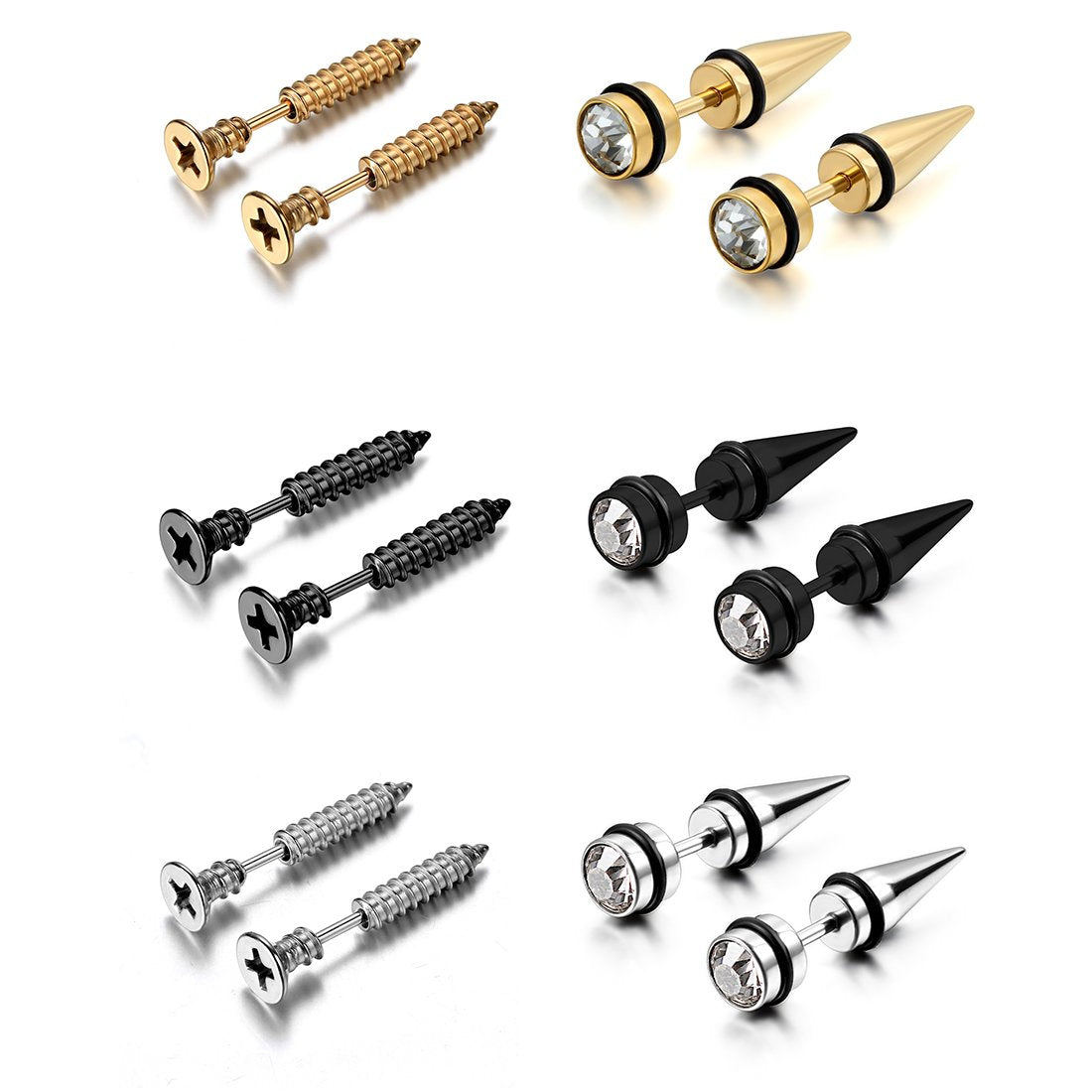 Aroncent 12PCS Men's Stainless Steel Fake Gauges Tunnel Cheater Piercing Jewelry Stud Earrings Set