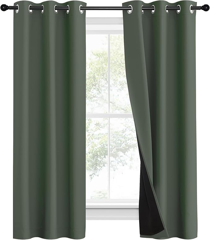 NICETOWN 100% Blackout Curtains 60" Long, Pair of Energy Smart & Noise Blocking Out Drapes for Baby Room Window, Thermal Insulated Guest Room Lined Window Dressing(Dark Mallard, 37" Wide)