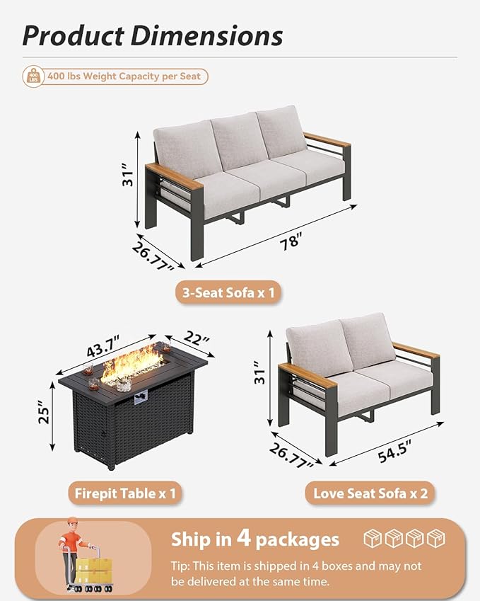 Aoxun Aluminum Outdoor Patio Furniture Set, 7 Seats Outdoor Sectional with Fire Pit Table, Patio Conversation Sets with Upgraded Armrests and Cushions for Backyard, Garden and Poolside（Grey）