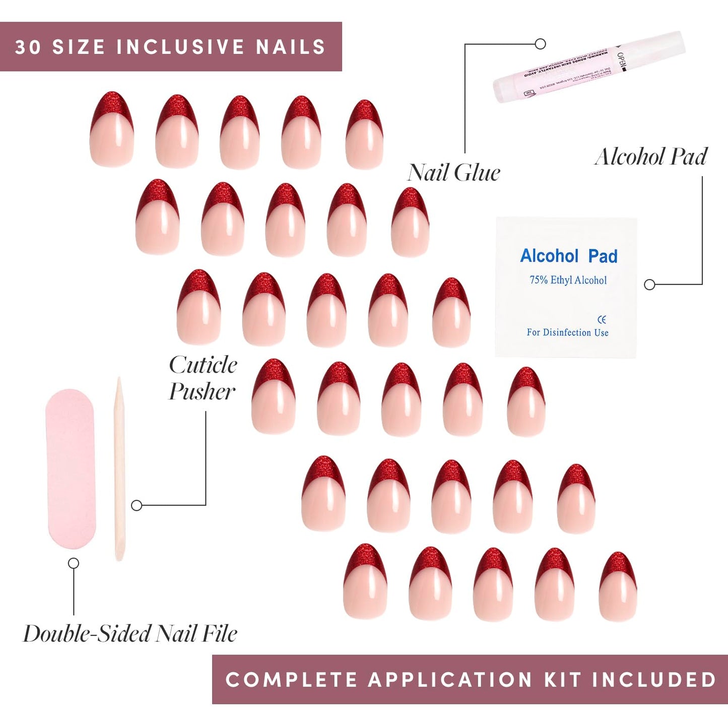 Glamnetic Press On Nails - Red Affair | Short Almond Red Glitter French Tip Fake Nails with a Glossy Finish | 15 Sizes - 30 Nail Kit with Glue