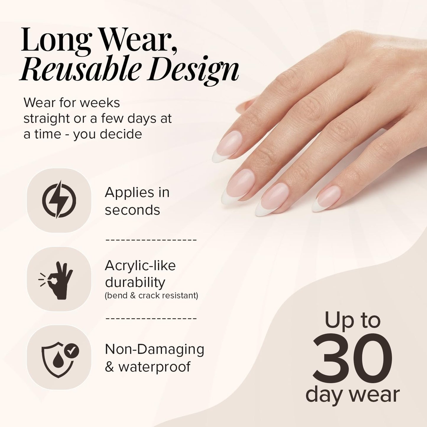 Static Nails Reusable Pop-On Manicures. French Tip Press On Nails, Short, Almond. Like-Acrylic, Salon Quality. Long Lasting & Can be Reapplied. Chic French. 30 PK/15 Sizes.