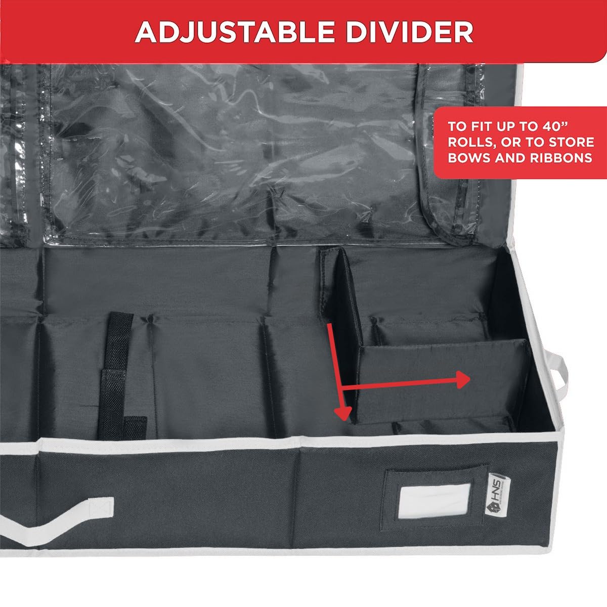 HOLDN' STORAGE Premium Wrapping Paper Storage Container - Durable 600D Tear-Proof, Fits 27 Rolls Gift Wrap, Extra Pockets for Ribbons & Bows, Underbed Storage - Ideal for Holiday Christmas, Black/White Trim