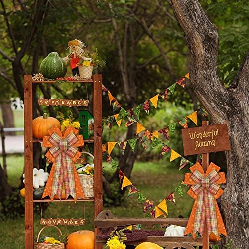 Large Fall Bows for Wreath, Thanksgiving Pumpkin Wreath Orange Buffalo Plaid for Front Door, Farmhouse Ornament Burlap Tree Topper for Fall Indoor Outdoor Decoration