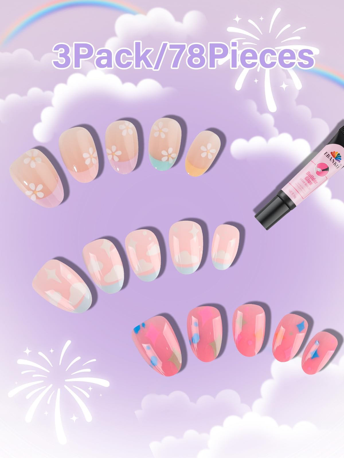 78 Pieces Press on Nails for Kids, EBANKU 3 Pack Kid Fake Pink Star Flower Short Artificial False Nail Kits for Kids Girls 6-12 Years with Nail Glue