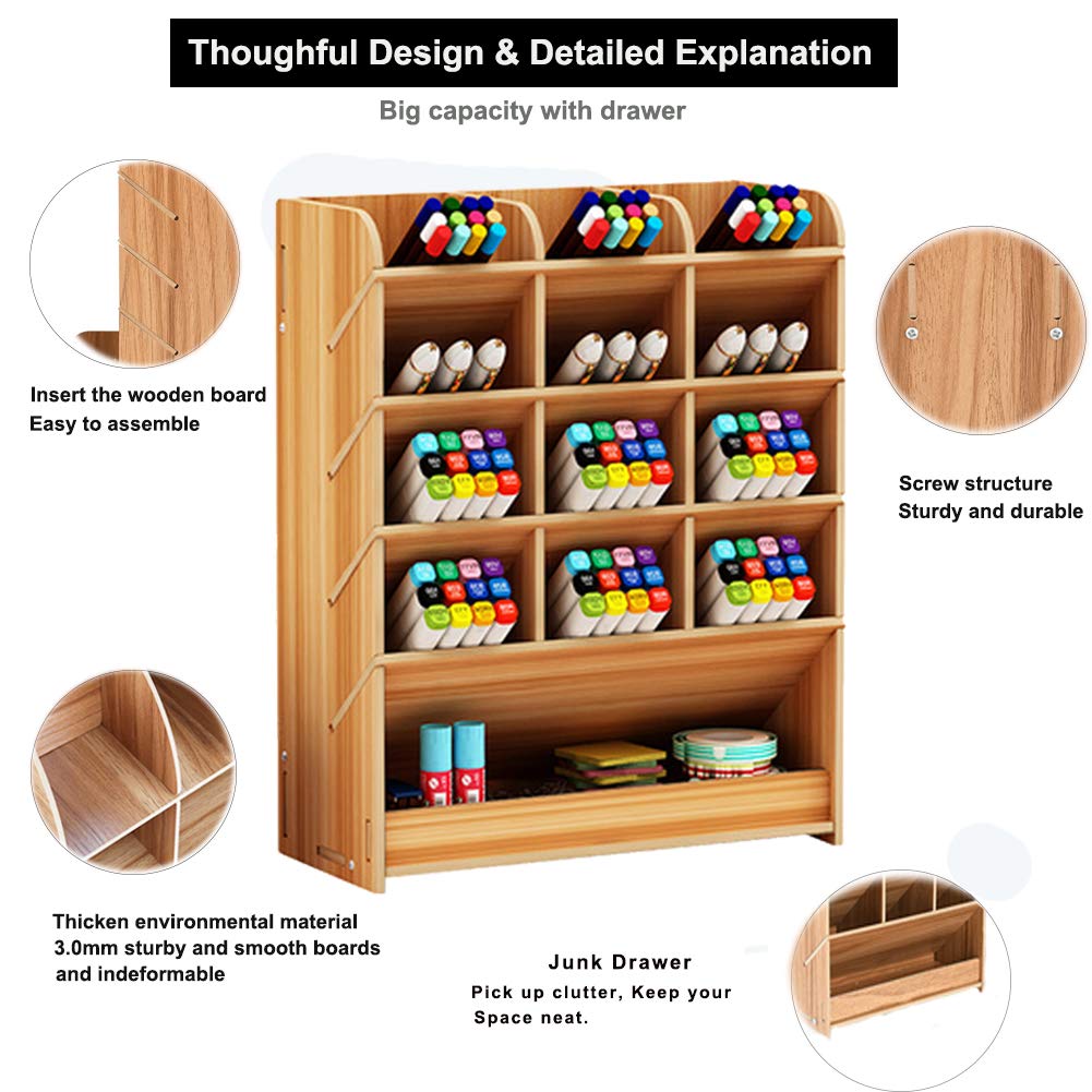 Marbrasse Wooden Pen Organizer, Multi-Functional DIY Pen Holder Box, Desktop Stationary, Easy Assembly, Home Office Art Supplies Organizer Storage with Drawer (B12-Cherry Color)