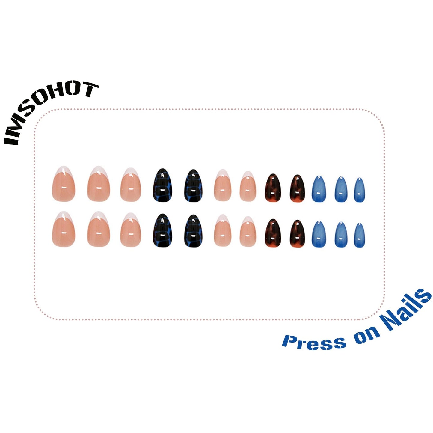 IMSOHOT Oval Press on Nails Short Fall Fake Nails Blue Ombre, Brown Amber Designs Glossy Round Acrylic Glue on Nails French Tips False Nails