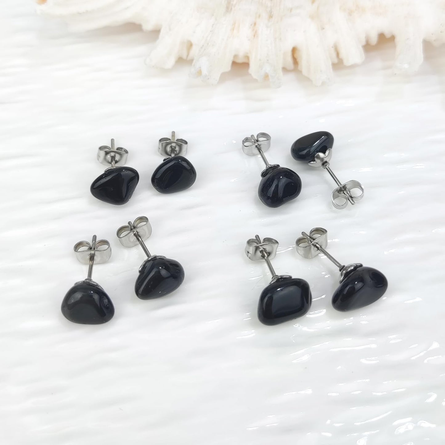 Obsidian Earrings, Healing Crystal Black Onyx Earrings with Hypoallergenic Stainless Steel, 8-12MM Natural Stone Black Stud Earrings for Women Men (Obsidian)