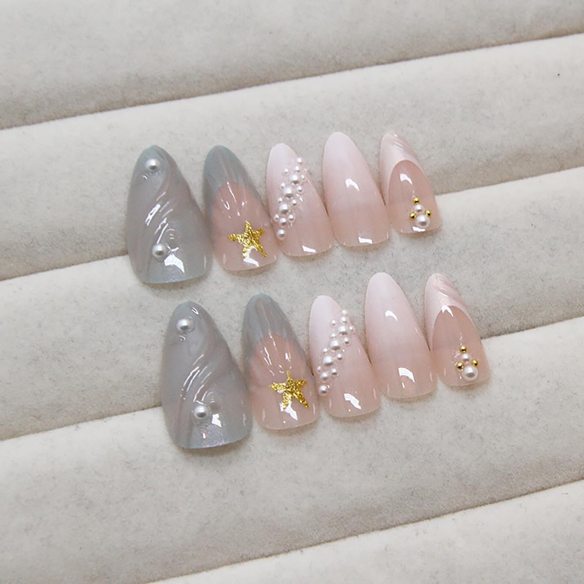 24Pcs Medium Almond Press on Nails Blue French Tip Fake Nails 3D Gold Starfish Shell Press ons with Pearl Glossy Glue on Nails Summer Beach False Nails Cute Stick on Nails for Women Girl Acrylic Nails