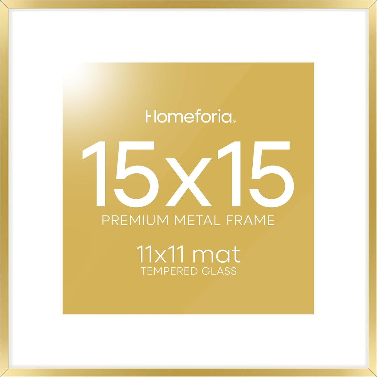 Homeforia 15x15 Picture Frame Gold, High End Metal 15 x 15 Square Poster Frame with Mat 11 x 11 Photo, 15x15 Frame Matted to 11x11 Print, 15by15 Gold Hanging Frames, Tempered Glass, Wall Kit, Set of 1