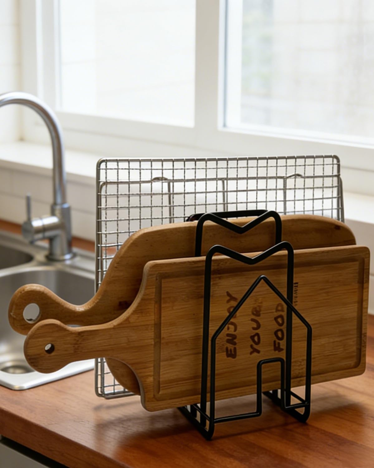 SUNFICON Cutting Board Rack Chopping Board Organizer Stand Holder Kitchen Countertop Pots Pan Lids Rack Organizer Flat Steel 4.92 x 5.7 x 8.47 in. Black