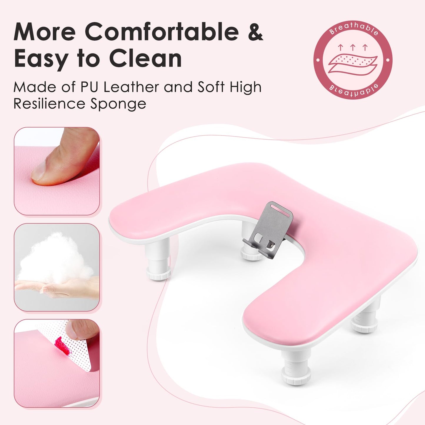 LIONVISON Arm Rest for Nails Tech: U Shaped Adjustable Height Ergonomic Nail Hand Rest Stand PU Leather with Rotating Phone Holder for Nail Salon Manicurist (Pink)