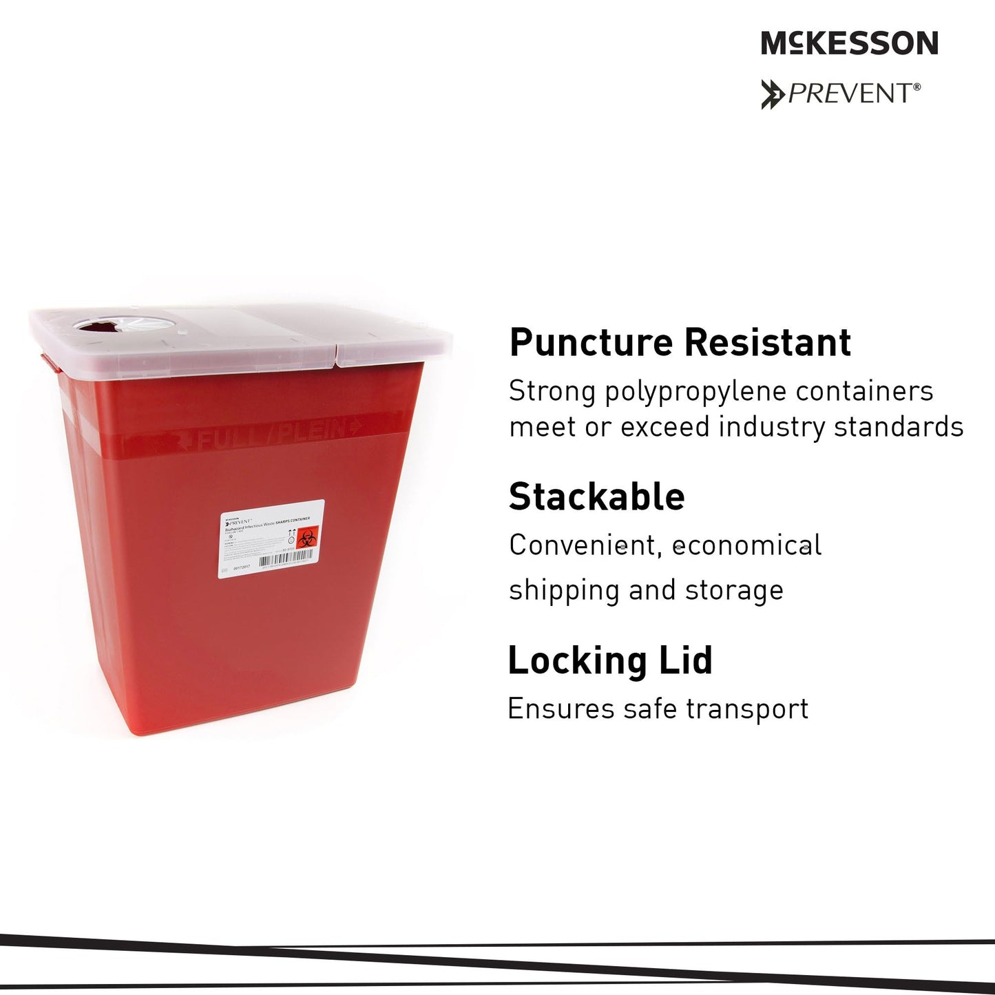 McKesson Prevent Sharps Container, Biohazard, Locking Lid, Red, 8 gal, 13 3/4 in x 13 3/4 in x 14 in