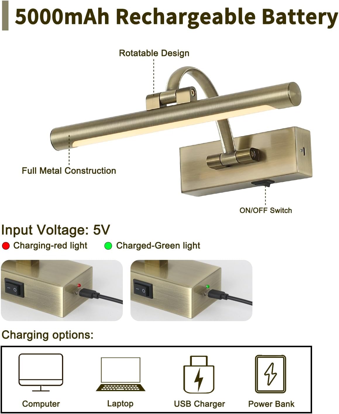 Wireless Picture Lights Rechargeable Gallery Lighting Battery Picture Frame Light with Remote and Timer, Adjustable Art Light for Paintings, Portraits, Antique Bronze Finish 12'' Inch 2W 2700K