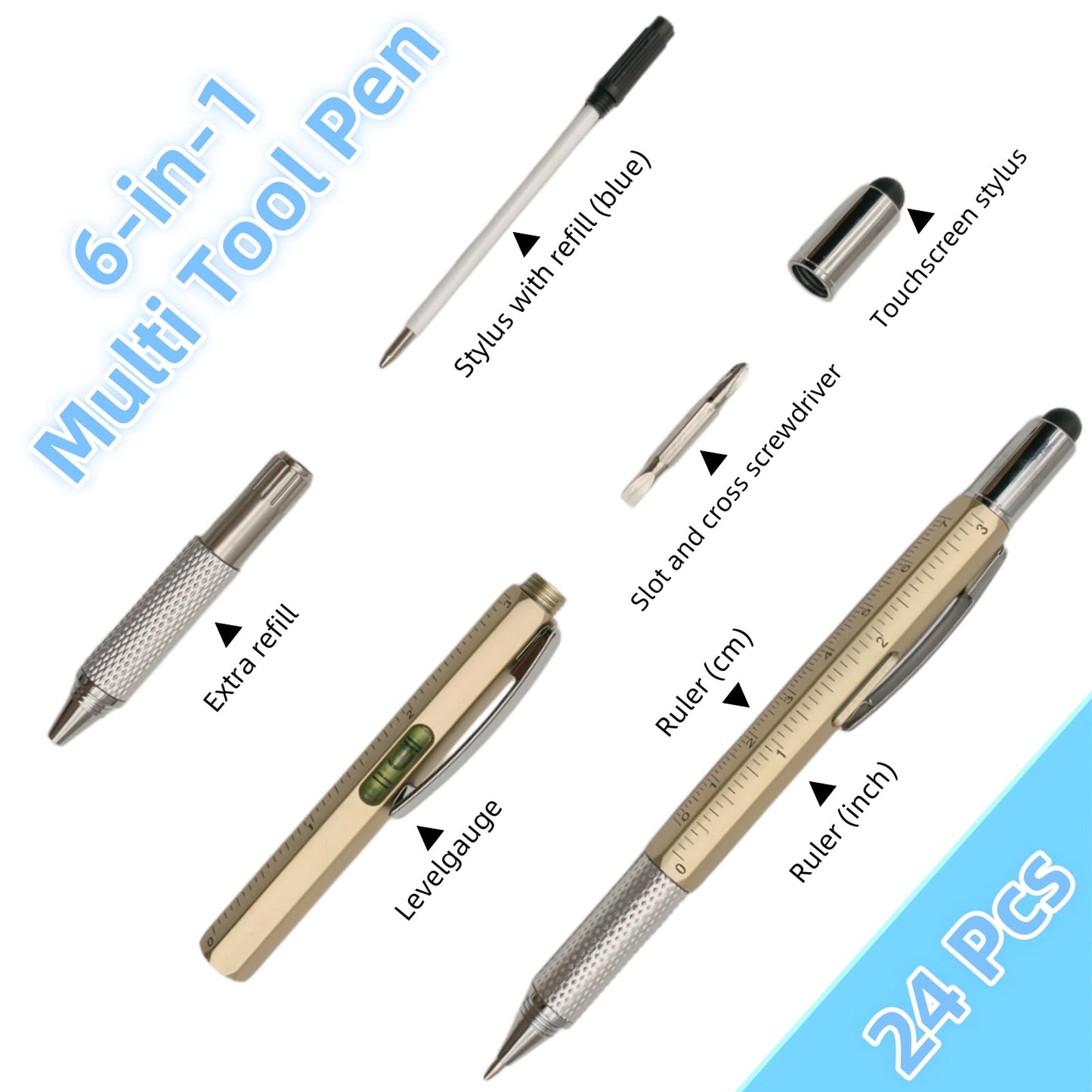 LCPQMZGH 24 Pcs 6 in 1 Multitool Pen Gifts for Men Fathers Day, Christmas Gifts for Men and 24 Pcs Blue Replacement Refills, 8 Colors
