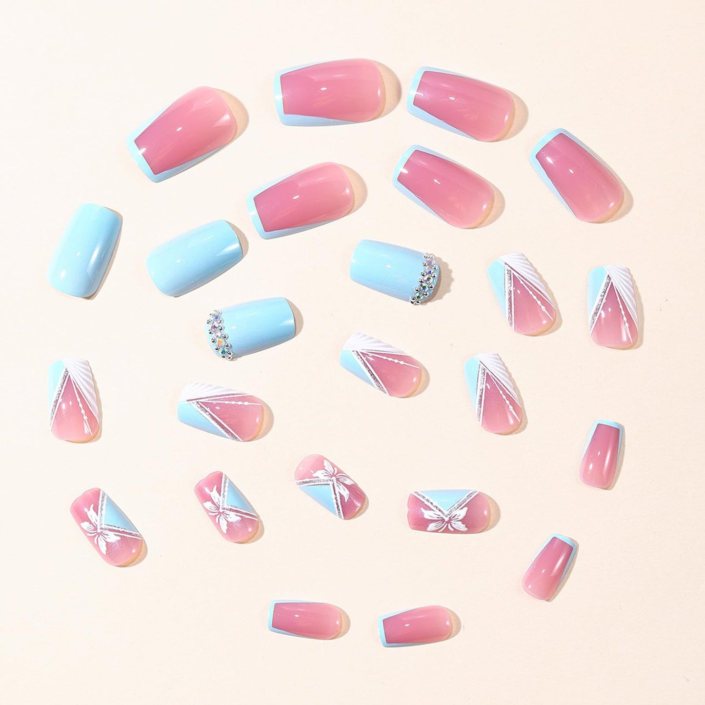 SINHOT Square Press on Nails - Short Fake Nails, Glossy Finish, White Butterfly & Rhinestones, DIY Artificial False Nail Art - 24 Pcs Nail Kit with Glue