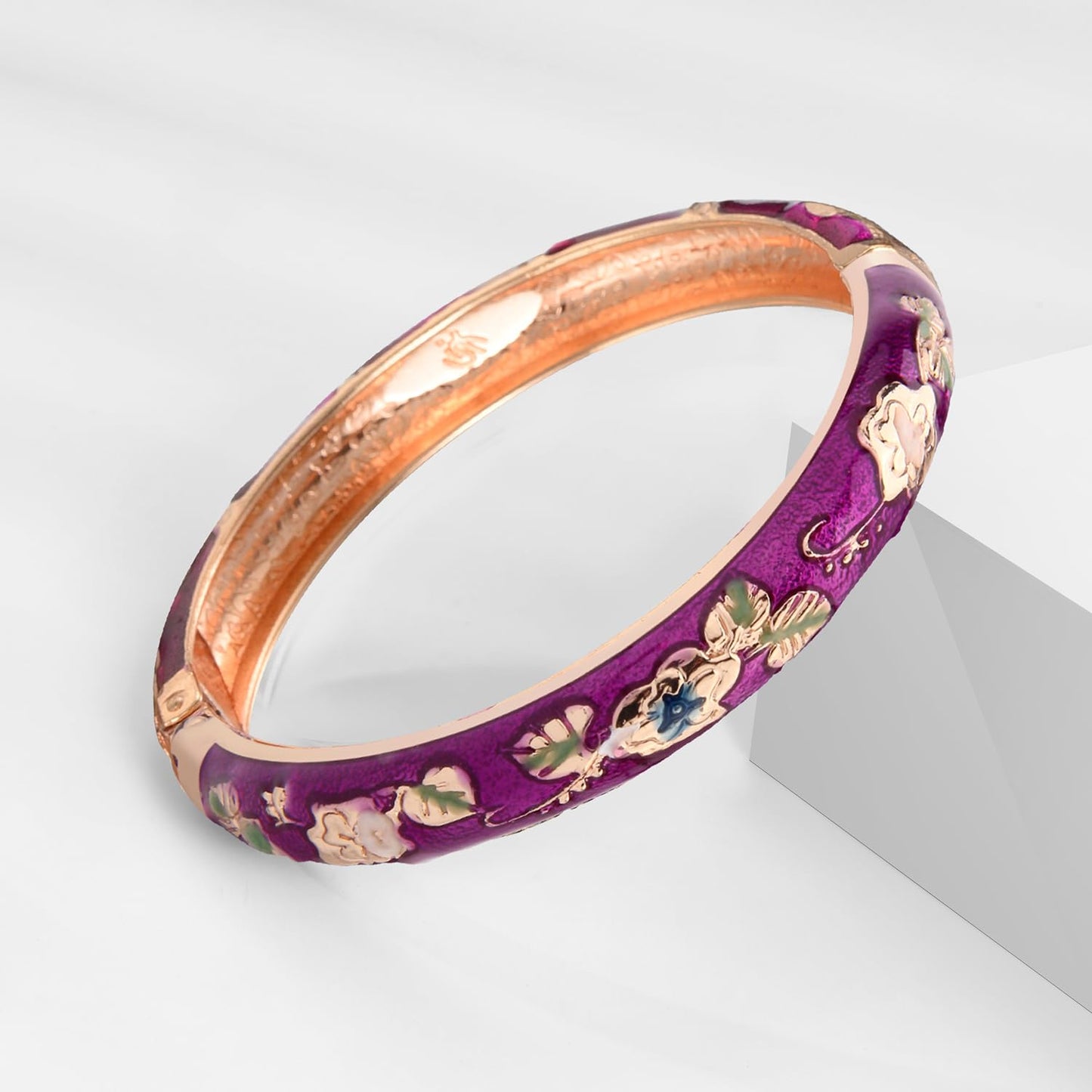 UJOY Womens Multi-Colors Cloisonne Bracelet Gold Plated Flower Enameled Hinged Cuff Bangles Jewelry Gift 55A-3PCS Purple