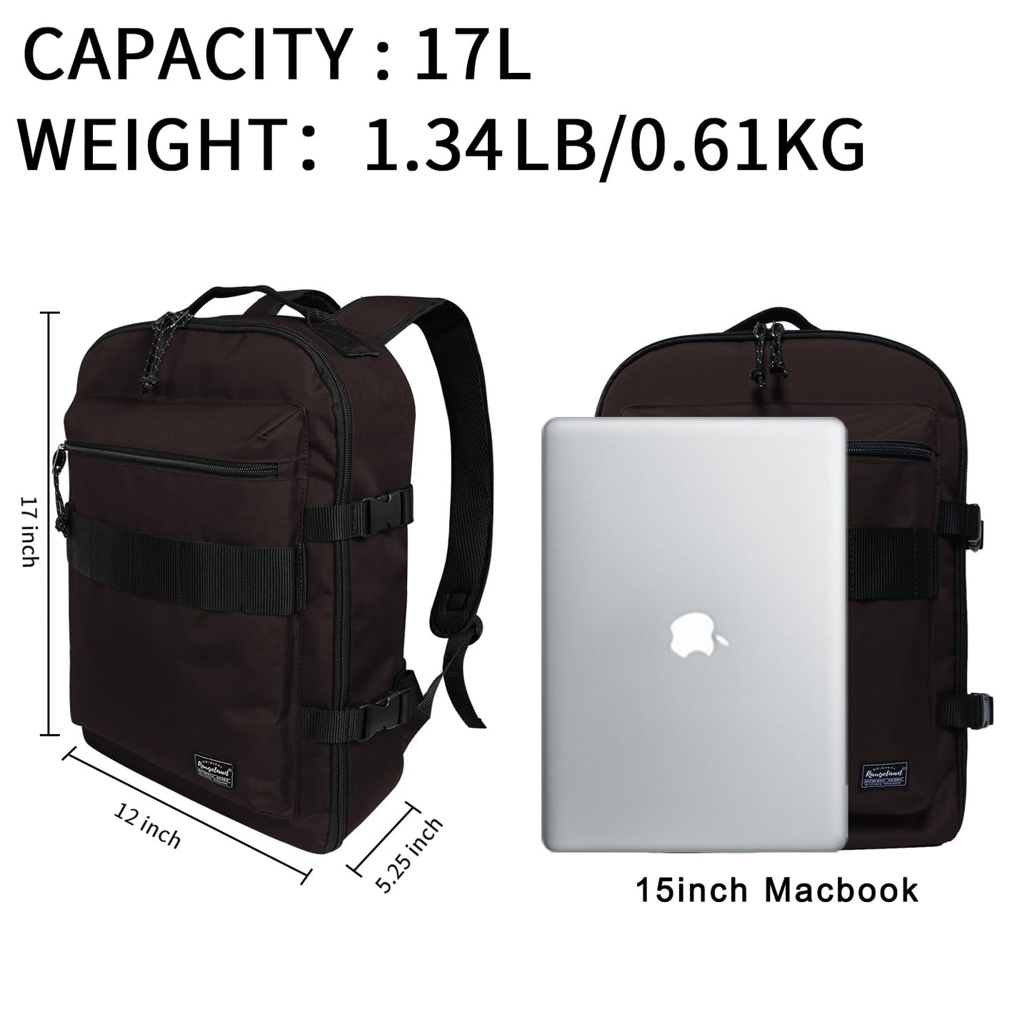 Rangeland Travel Backpack 17L Lightweight Casual Small Carry-on Daypack 15-inch Laptop Notebook, Underseat Overnight Weekender, Brown